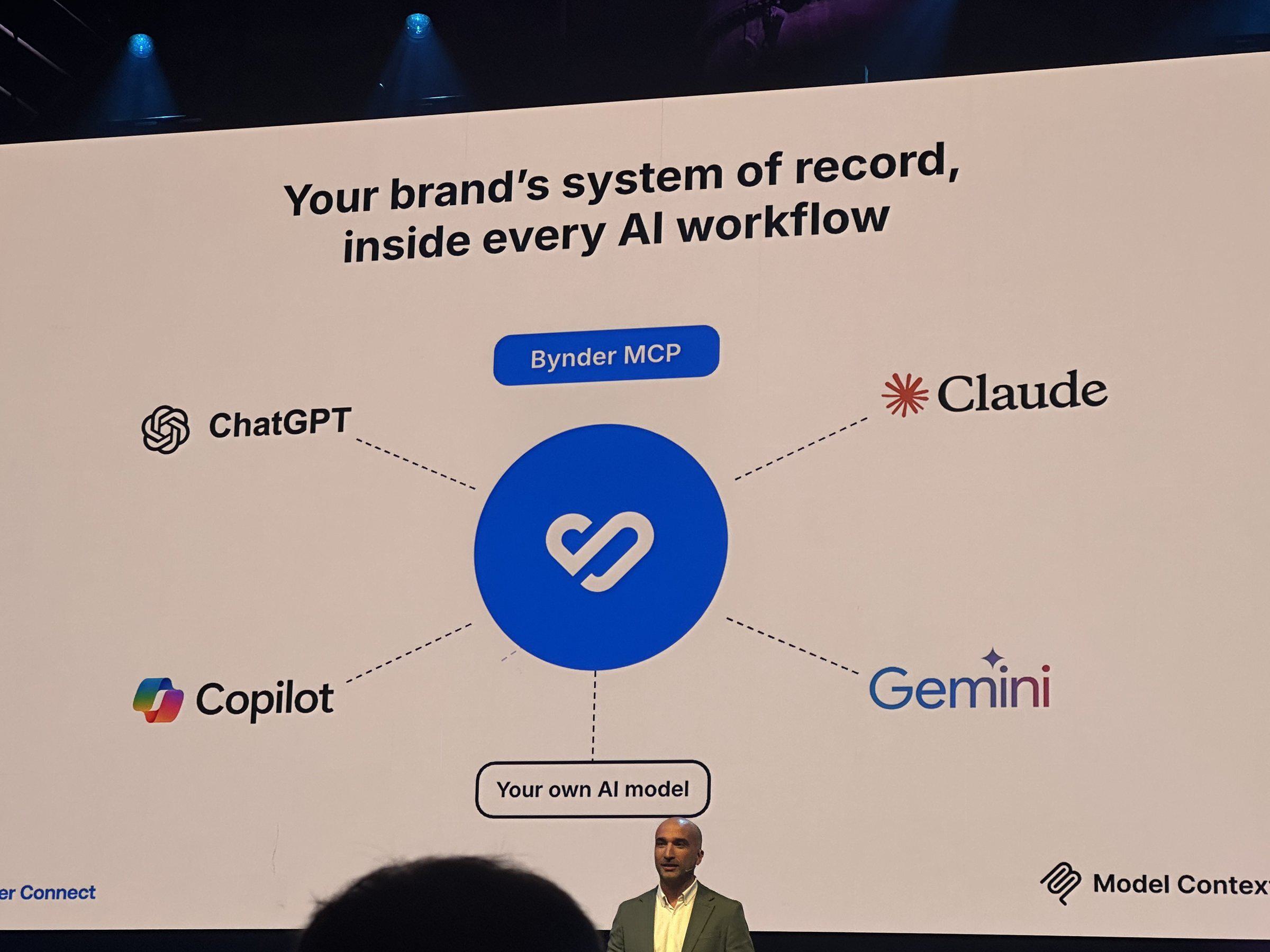 A Bynder Connect 2026 slide shows the Bynder MCP connecting to ChatGPT, Claude, Copilot, Gemini, and your own AI model.
