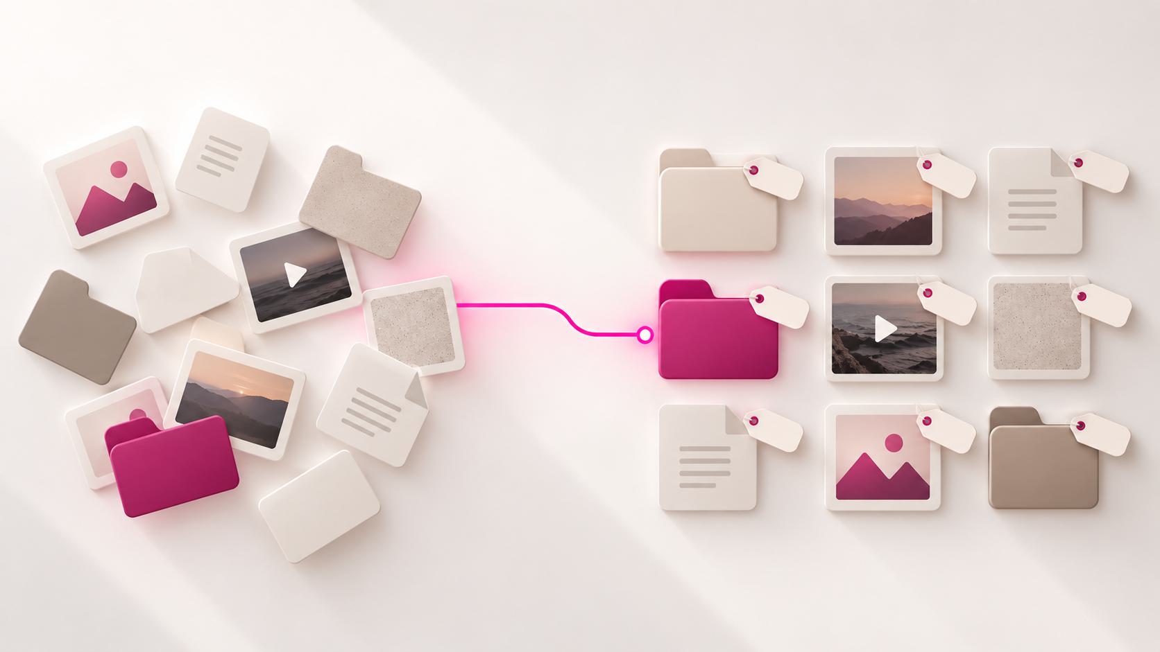 Illustration comparing unorganized digital files with a well-governed, tagged library of digital assets.