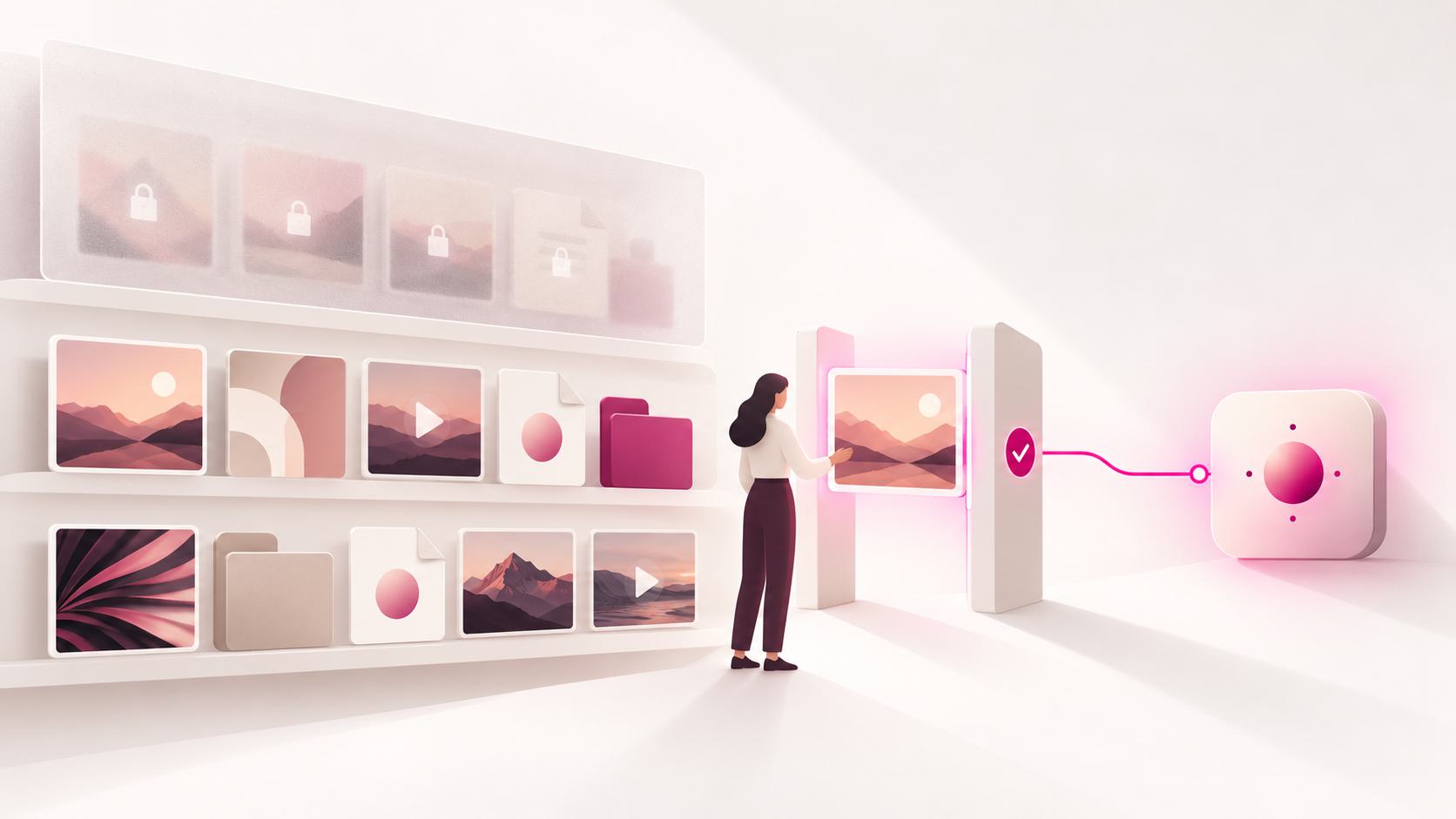 Illustration of a person reviewing digital assets on shelves, with some locked behind permissions and others accessible through an approval workflow.